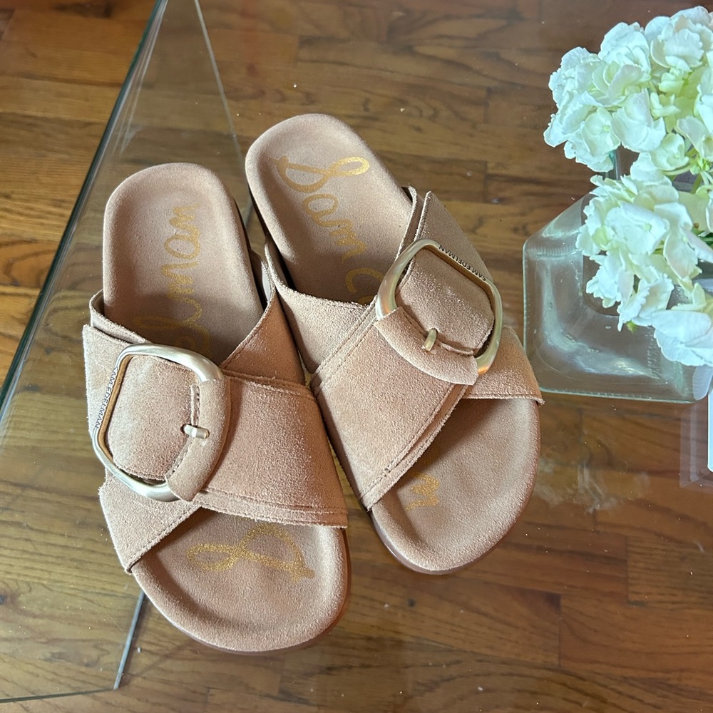 Sam Edelman Darla Tan Suede Slide Sandals with Buckle